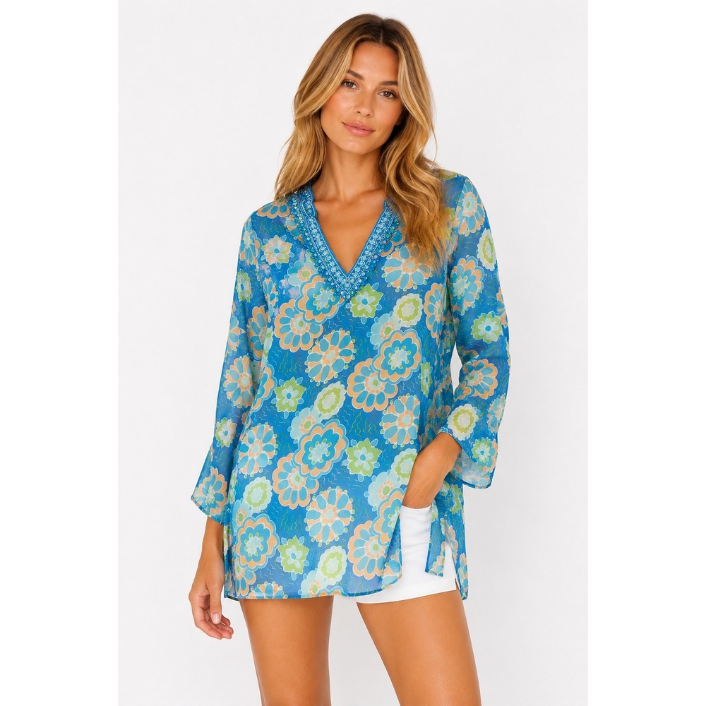 Bella Tu Tunic Womens XS Blue Floral Jeanne D Gopi Vaid Beaded‎ V-Neck Boho Top